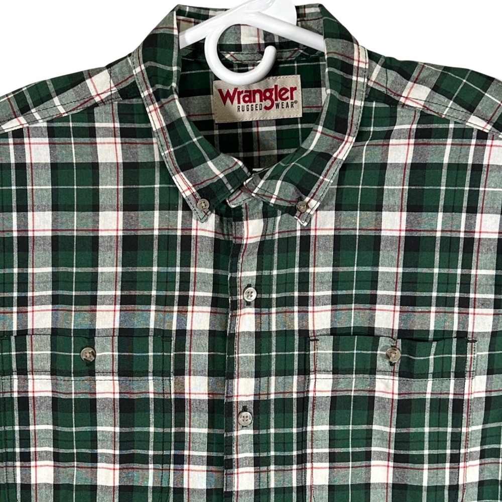 Wrangler Rugged Wear Mens Green Plaid Button Down Shirt Long Sleeve Large